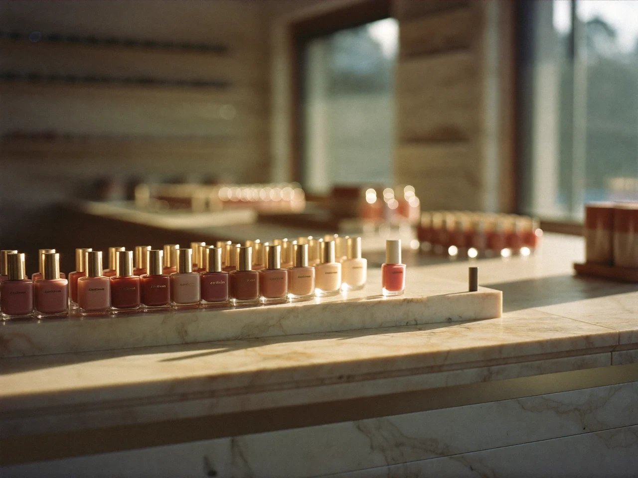 Heller Studio-Tresen mit unbeschrifteten Nagellackflaschen und Kosmetik auf einem Regal aus hellem Stein